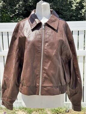 Topshop Faux Leather Drop Shoulder Crop Jacket Brown Size S NWT